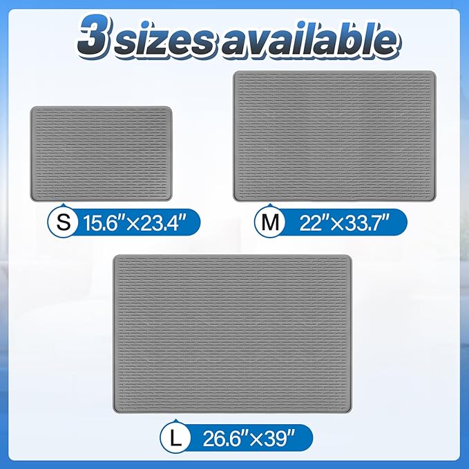MEWTOGO Easy Clean Silicone Cat Mat for Litter Box - 33.7" x 22" Waterproof Non-Slip Kitty Litter Trapping Mat for Protecting Floor, Less-Mess Food Water Mat for Indoor, Gray