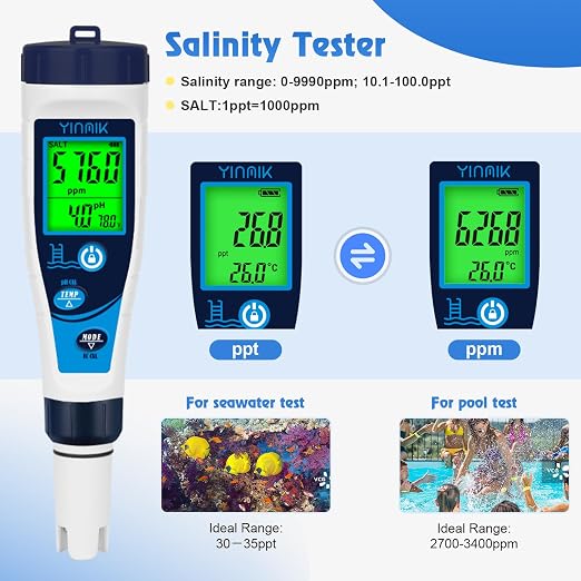 Salt Meter for Pools & pH Meter,Digital 5 in 1 Salinity Meter | Swimming Pool Salinity Meter,EC/TDS Meter for Hydroponic Household Drinking Water Hot Tub Aquarium Brewing/Fish Tank…