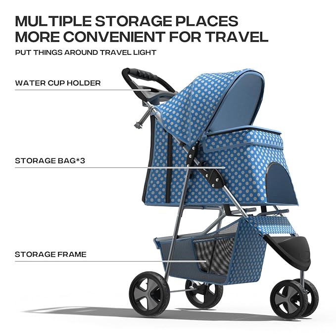 Pet Stroller for Small Dogs 10 lbs, Dog Stroller for Medium Dogs 30 lbs, Cat Strollers for 2 Cats, 3 Wheels Foldable Jogger Puppy Stroller with Storage Basket and Cup Holder, Blue Polka Dots
