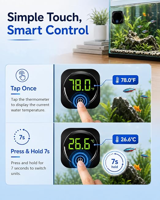 Fish Tank Digital Thermometer, Fahrenheit/Celsius(℉/℃) Accurate Aquarium Thermometer Wireless Touch Stick LED Display ±2°F Monitoring Temperature Accessories for Fish, Axolotl, Turtle or Aquatic