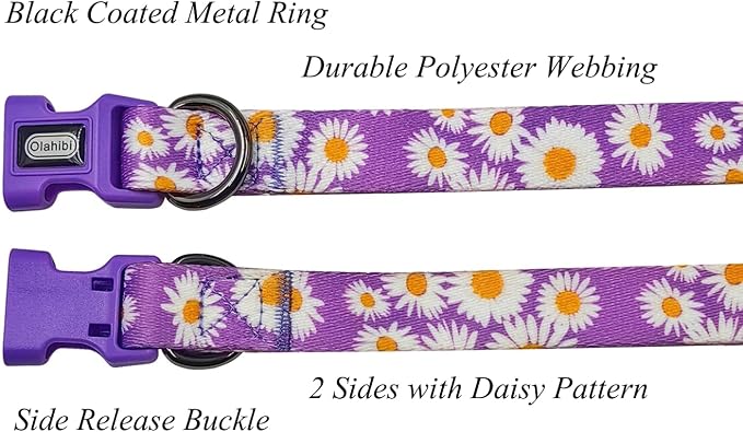 Dog Collar and Leash Set, Cute Daisy Pattern, Polyester Material, 5ft Leash, for Medium Dogs.(Medium,Purple Daisy)