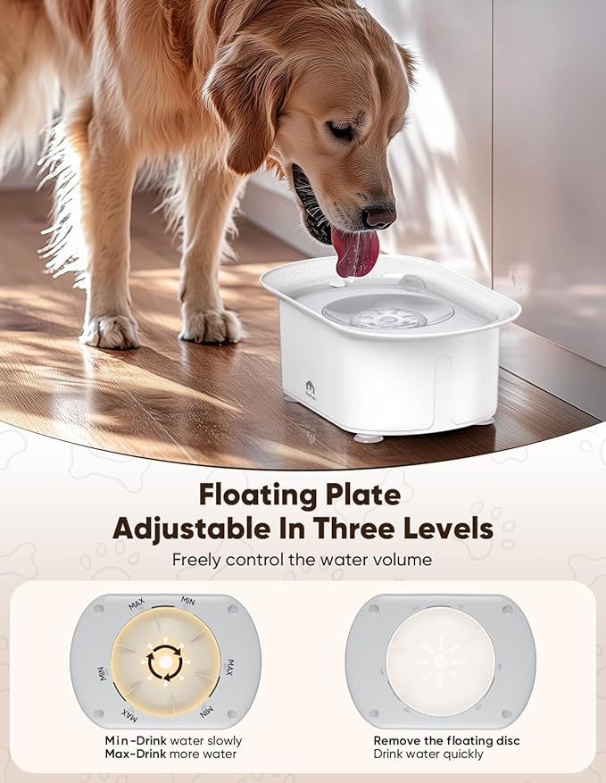 Dog Water Bowl 2.2l/75oz - No Spill Splash-Proof Design, Anti-Slip Suction Base & Slow Flow Dripless Dispenser, Large Capacity Dog Bowl for Messy Drinkers (White- Gray)