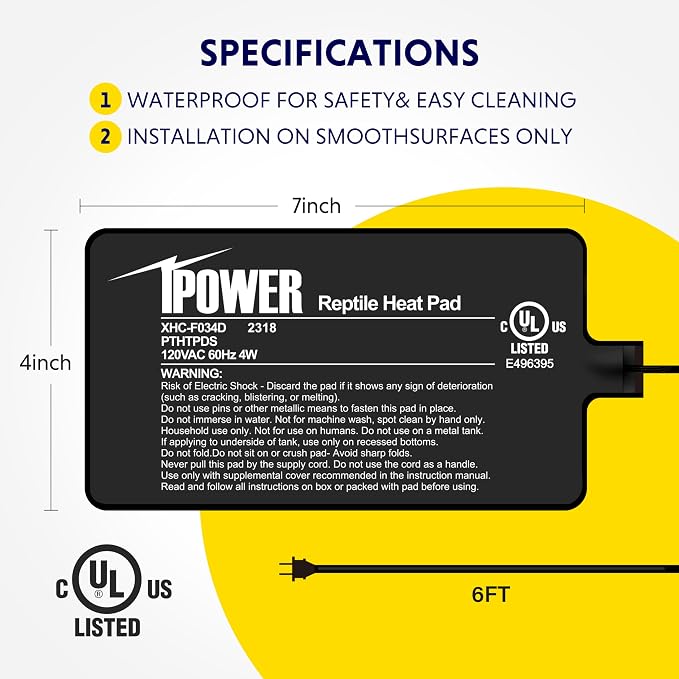 iPower 4 by 7-Inch 4W Reptile Heat Mat, LCD Digital Aquarium Thermometer, Under Tank Warmer Terrarium Heat Pad for Turtles Lizards Frogs and Other Small Animals, Multi Sizes