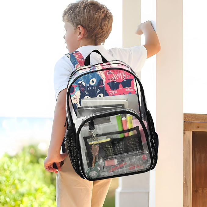 Bolaz Clear Backpack for School Cats Wear Glasses Transparent Bookbag for Girls See Through PVC Boy Backpacks