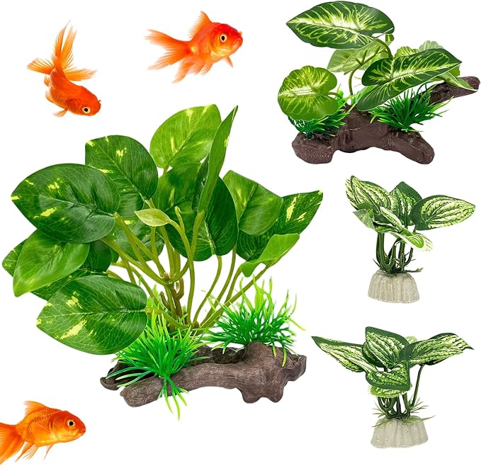 Silk Aquarium Plants Decor, 4PCS Realistic Fish Tank Plants Set with 1 Large 1 Medium 2 Small Artificial Underwater Weeds, Soft Betta Fish Tank Decorations for Aquascaping & Reptile Habitat