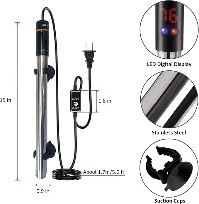 Aquarium Heater, 500W Submersible Fish Tank Heater Underwater Turtle Water Warmer for 40-90 Gallon Tank with with Intelligent LED Temperature Display and External Temperature Controller