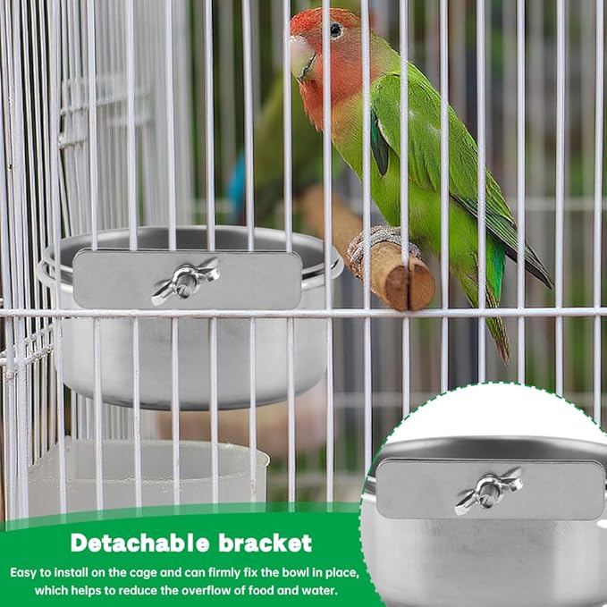 2Pcs Stainless Steel Bird Feeding Bowls with Feeding Spoon,Parrot Food Bowl Cage with Clamp Holder,Birdcage Coop Water Feeder for Cockatiel Parakeet Macaw Finches Small Animals