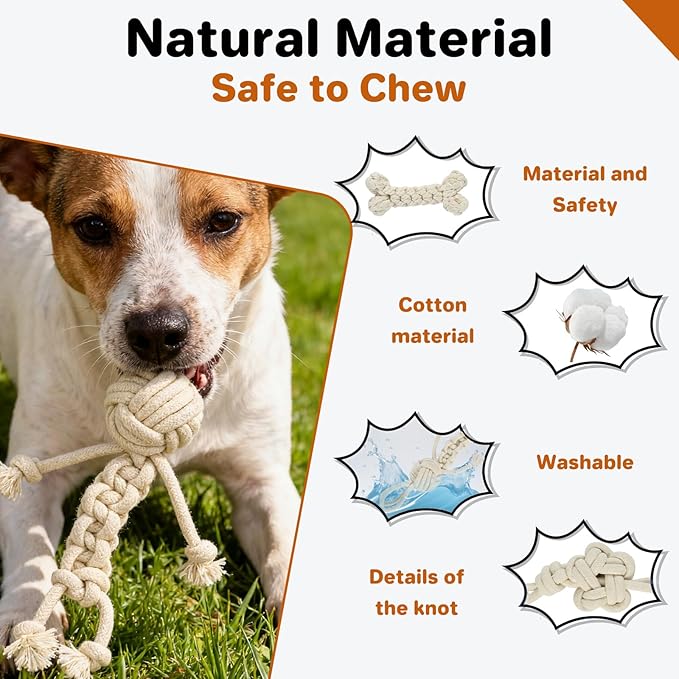 3 Pack Cotton Rope Dog Toy Set, Indestructible Chew Toys for Aggressive Chewers, Puppy Teething Toys with Bone, Human & Chinese Knot Designs for Boredom Relief & Tug of War， White