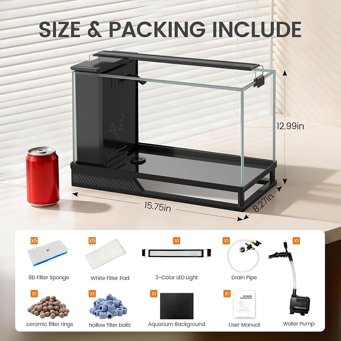 Fish Tank Kit Starter Aquariums 4 Gallon with Bottom Drainage | For small tropical fish, guppies, or betta|with Light and Filter Pump|Multi-stage filtration
