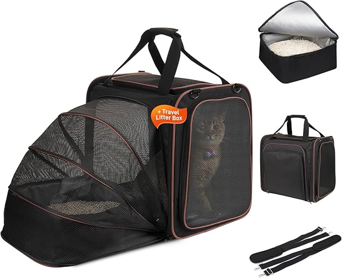 Large Cat Travel Carrier with Litter Box, 17.3"×13"×16" Expandable Cat Carrier for Car Travel, Soft Sided Pet Carrier for Cats/Puppies up to 25lbs, Black