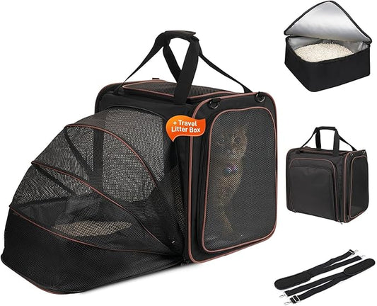 Large Cat Travel Carrier with Litter Box, 17.3"×13"×16" Expandable Cat Carrier for Car Travel, Soft Sided Pet Carrier for Cats/Puppies up to 25lbs, Black