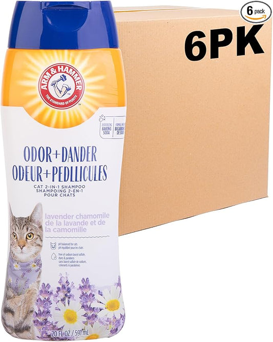 Arm & Hammer 2-in-1 Deodorizing & Dander Reducing Shampoo for Cats, Baking Soda Cat Shampoo for Dander, Odor Control and Coat Cleaning, Lavender Chamomile Scent, 20 Fl Oz - 6 Pack