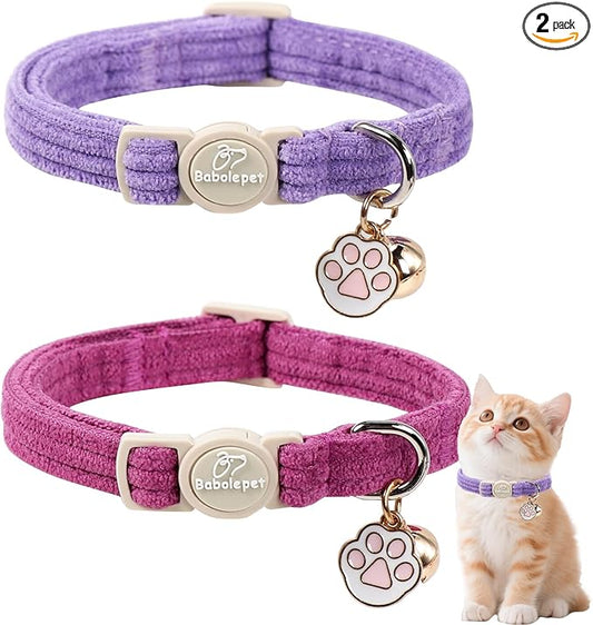 2 Pack Corduroy Cat Collars - Cute Breakaway Cat Collar with Bell and Paw Pendant, Soft Adjustable Fall Winter Kitten Collars for Girl Boy Cats, Lavender&Fuchsia