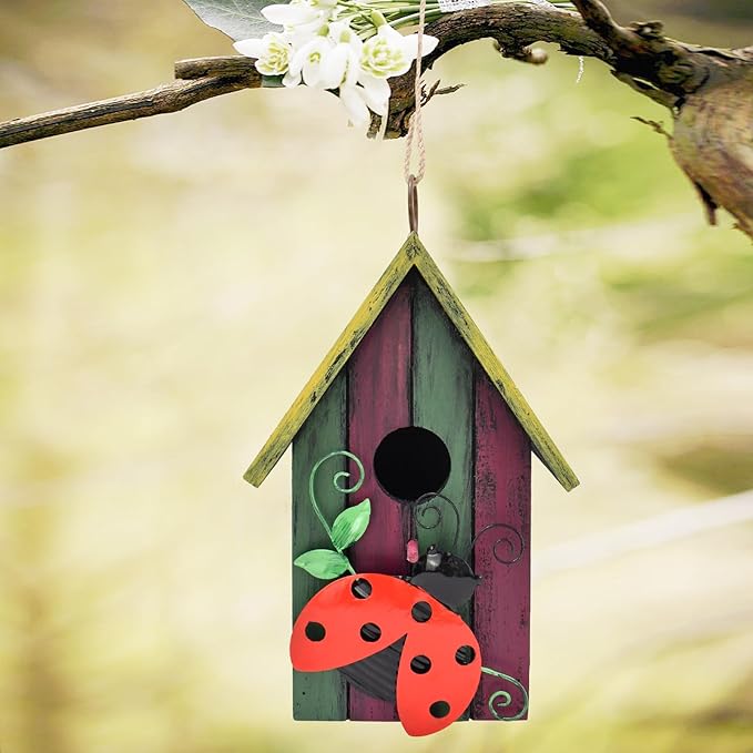 Wood Bird Houses for Outside, Hanging Bluebird House Nest Box Garden Patio Outdoor Decorative Bird Houses Vintage Rustic Wooden Birdhouse Bird Box Home for Finch Wren Chickadee Cardinals (Ladybug)