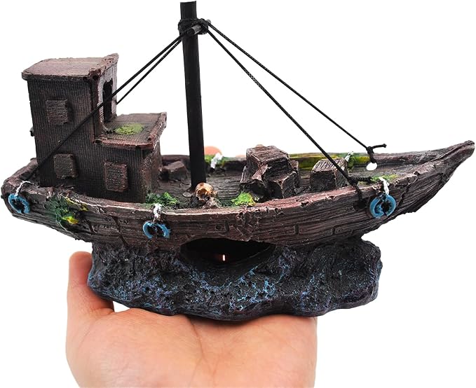 kathson Aquarium Shipwreck Decor Fish Tank Sunken Ship Ornament Pirate Shipwreck Decoration Resin Sunken Boat Betta Fish Sunken Ships Accessories for Freshwater Saltwater Tanks, Dark Brown