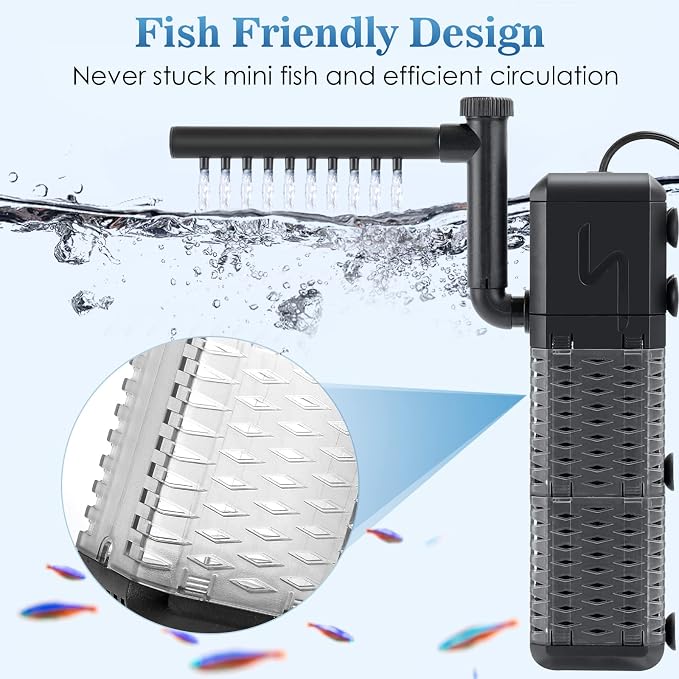 AQQA Submersible Aquarium Filter, Adjustable Flow with Aeration System | Ultra Quiet, Biochemical Sponge Filtration, Fish Tank Filter Built-in Rainfall Aerator, Fits Tanks Up to 70 Gallon, 211GPH