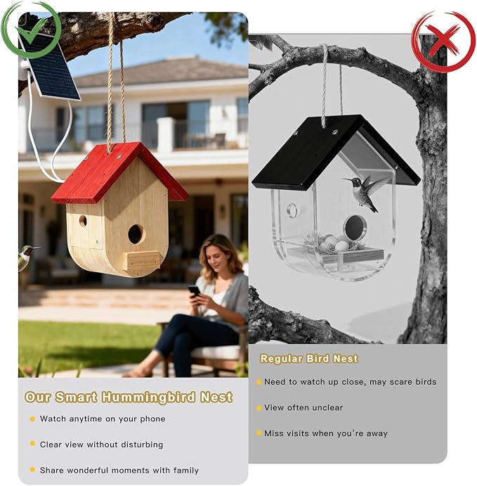 Hummingbird House with Camera Solar Powered, HD Full Color Night Vision Bird Camera, 2.4G WiFi & App Notify, Watch Bird Nesting & Hatching in Real Time, Ideal Gift for Bird Lovers