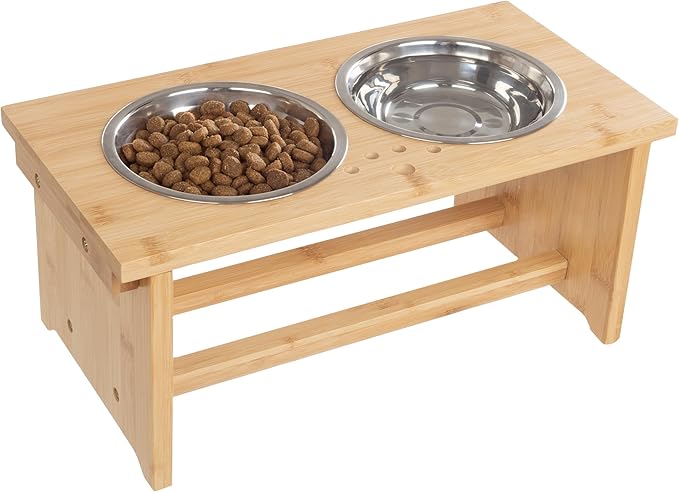 Elevated Dog Bowls with Stand - 7-Inch Nonslip Bamboo Dog Feeder with 2 Stainless-Steel Pet Bowls - Hold 20oz Each and Dishwasher Safe by PETMAKER