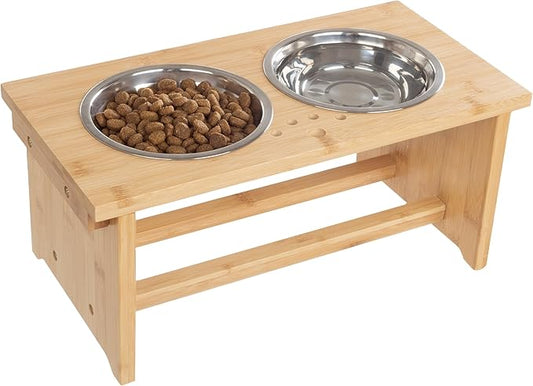 Elevated Dog Bowls with Stand - 7-Inch Nonslip Bamboo Dog Feeder with 2 Stainless-Steel Pet Bowls - Hold 20oz Each and Dishwasher Safe by PETMAKER