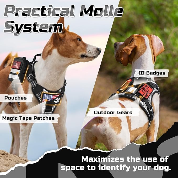 rabbitgoo Tactical Dog Harness for Large Dogs, No Pull Military Service Vest with Handle & Molle, Easy Control for Training Walking, Adjustable Reflective Straps, Black & White Geometric, L