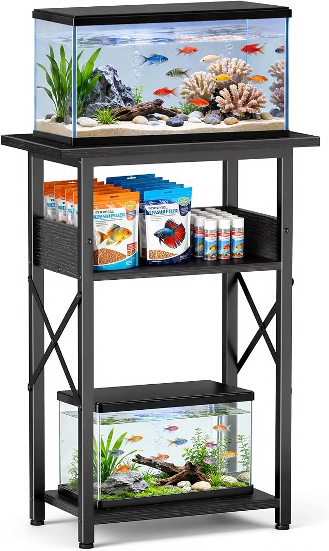 5-10 Gallon Fish Tank Stand with Storage Shelves, 3-Tier Aquarium Stand with Rust-Proof Metal Frame, Heavy Duty Waterproof Reptile Turtle Tank Stand for Home Office Up to 150LBS, 21.5" L x 11.5" W x 30" H, Black