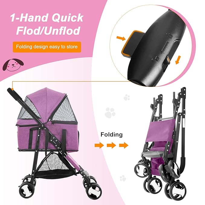 BestPet Pet Stroller Premium 3-in-1 Multifunction Dog Cat Jogger Stroller for Medium Small Dogs Cats with Folding Lightweight Travel & Detachable Carrier,Purple