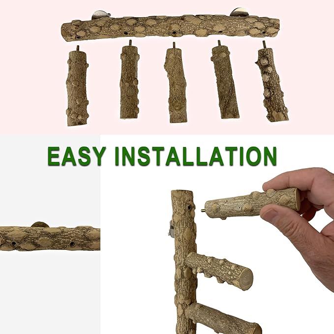 SIMENA Bird Ladder Perch, Natural Wood Parrot Stand, Hamster Climbing Toy, Bird Cage Ladder for Small and Medium Birds, Parakeet, Cockatiel, Conures, Lovebirds, Budgie