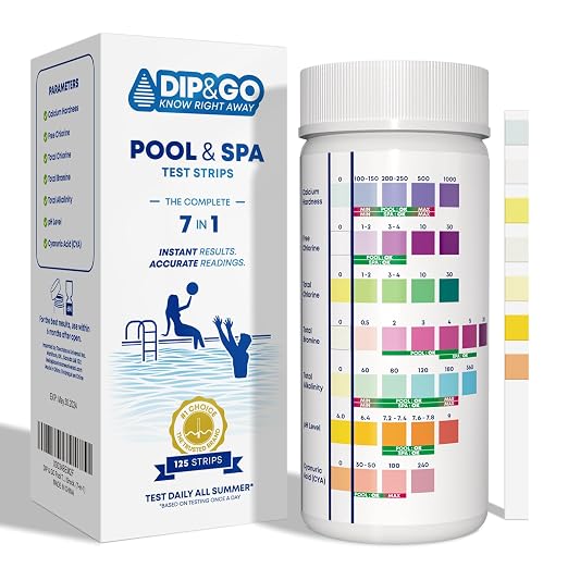 DIP&GO 7 in 1 Pool and Hot Tub Test Strips-125 Spa Test Strips for Hot Tub | Swimming Pool Test Kit for Bromine, Free Chlorine, pH, Total Alkalinity, Hardness, Cyanuric Acid and Total Chlorine