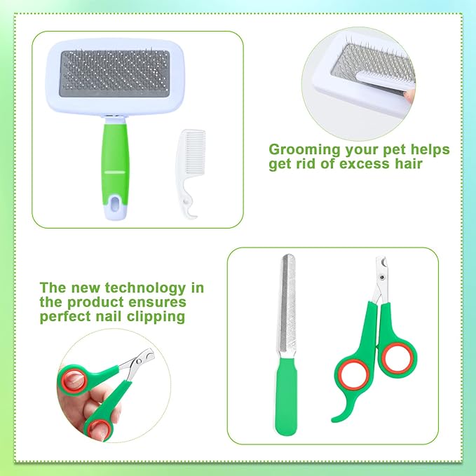 VCZONE 8 Pcs Small Animal Grooming Kit, Pink with Pet Nail Clipper and File, Flea Comb, Pet Shampoo Bath Brush, Pet Shedding Slicker Brush, Bath Massage Glove, Cleaning Comb (Green)