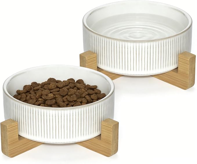 Elevated Ceramic Cat and Dog Double Bowl Set - 14 oz Lead-Free Feeder with Two Natural Bamboo Wood Stands (White Stripes)