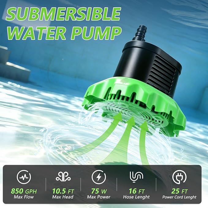 Pool Cover Pump Above Ground, 850 GPH Submersible Sump Pump for Pool Drain | 16FT Drain Hose, 25FT Power Cord, 3 Adapters, Safety and Sturdy, Powerful Water Removal for Pool Cover and Above Ground Pool