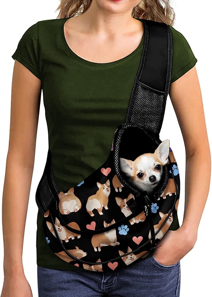 FUSURIRE Cute Corgi Cartoon Pet Carrier Sling Soft Front-Facing Carrier with Adjustable Padded Strap Design Hands Free Pet Carrier Bag for Outdoor Walking, Hiking, Bike and Motorcycle