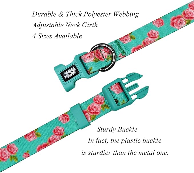 Dog Collar Leash Set, Floral Pattern, Polyester Material, Adjustable Collar and 5ft Matching Leash, for Puppy Dogs.(XS, Green Rose)