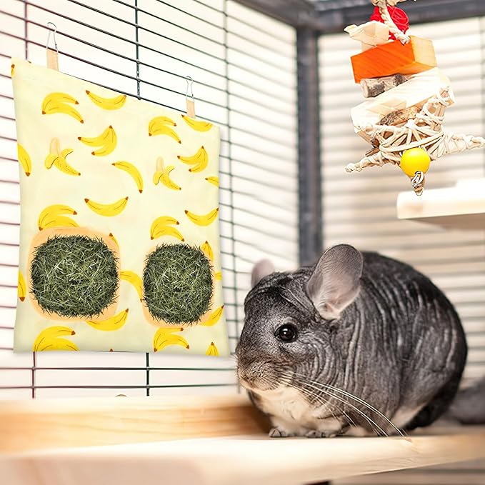 UPINS 3 Hay Bag for Rabbits 2-Hole Hanging Hay Feeder Guinea Pig Hay Bags, Hay Feeder for Rabbits Chinchillas Hamsters Small Pets and Animals(Fruit Pattern)