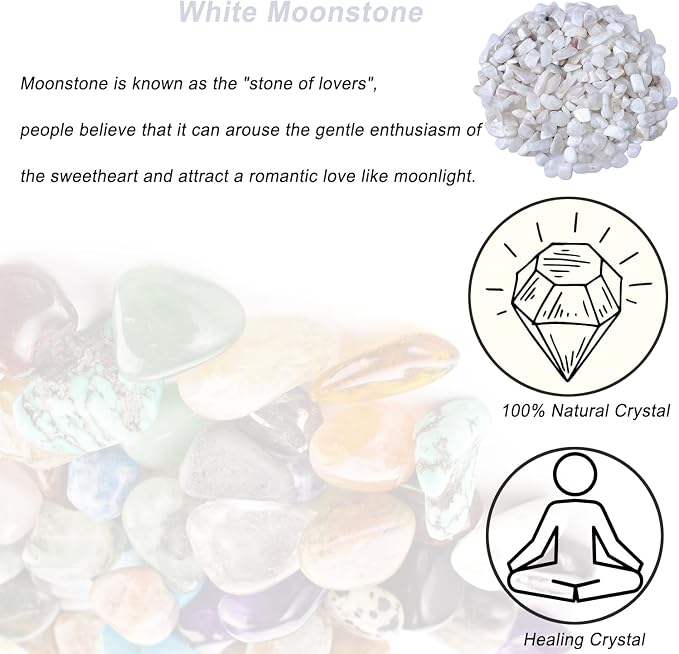 Erliway 100g Natural White Moonstone Crystal Chips 7-9mm Tumbled Stones | Small Crushed Crystal Stone, Polished Crystals Chips for Fish Tank, Healing Tumbled Rocks for Reiki Jewelry Making Home Décor