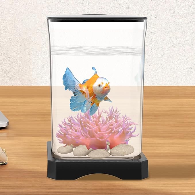 Small Fish Tank - Acrylic Aquarium, Compact LED Lighting Bowl, Modern Betta Container, Design | Desktop Decoration for Home Office, Mini Fish Habitat, Bedroom Display, Small Space