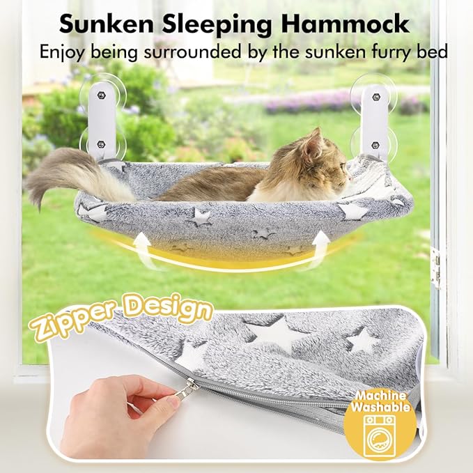 Zoratoo Cat Window Perch, Glow in The Dark Cordless Foldable Pet Hammock Bed for Window with Sturdy Metal Frame, Glowing Stars Pattern Resting Seat for Indoor Cats (Stars - M)