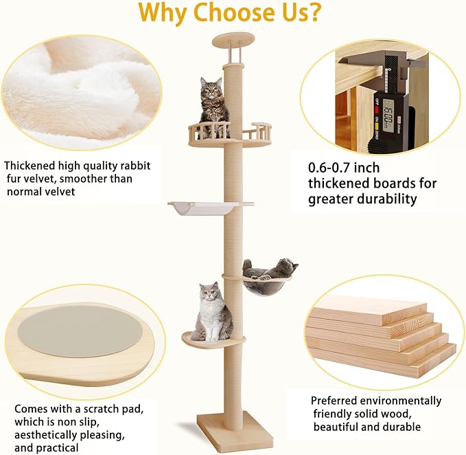 Floor to Ceiling Cat Trees for Kittens＆Large Cats with Natural Rope, Tall Cat Tree to Ceiling,Adjustable Height 82-112 Inches, DIY Wooden Tower Condo, Tall Cat Activity Tree(Deluxe Style 2)