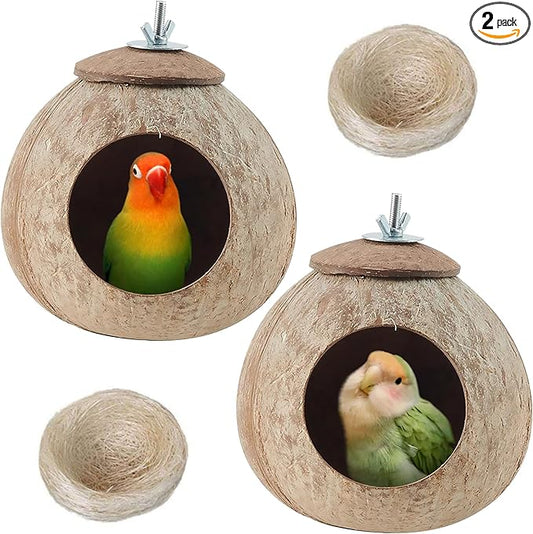 Coconut Bird Nest for Cage Natural Coconut Shell Birds House 2 Pack Parakeet Small Coconut Hide Breeding Hut Bird Cage Accessories for Parrot Lovebirds Budgies Cockatiel Conure Finch Canary