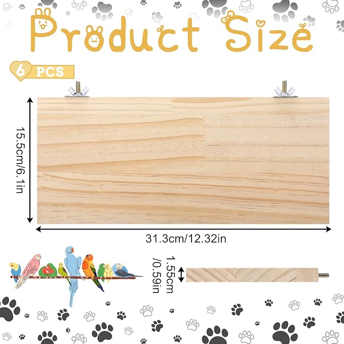 6 Pack Bird Perch Stand, Parrot Wood Platform 12.3×6.1 Inch Rectangle Wood Bird Platform for Parrots Birds Budgie Parakeet Cockatiel Hamster Chinchilla Gerbil