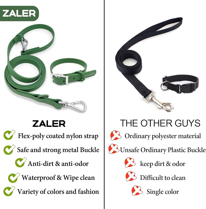 ZALER Dog Collar and Leash Set, Waterproof Adjustable Odor Proof Pet Collars Leashes Easy to Clean, 6FT Dog Leash with 2 Hooks for Large, Medium Small Dogs (XL, Green)