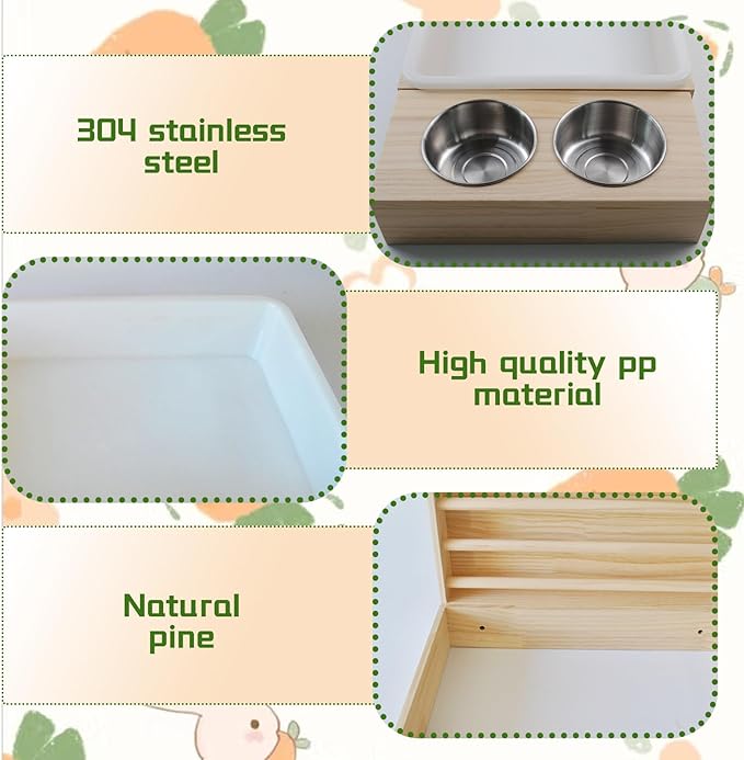 Rabbit Hay Feeder with Litter Box, 3 in 1 Wooden Bunny Feeder, Small Animal Hay Holder Rack for Rabbit, Guinea Pig, Hamster, Ferrets