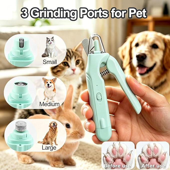 2-in-1 Dog Nail Grinder & Dog Nail Clippers Trimmers for Large Medium Small Dogs Cats Pets Claw Trimmer with LED Lights (Green)