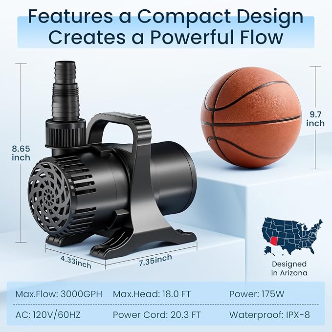 175W 3000 GPH Pond Pump, High Flow Heavy Duty Submersible Water Pump for Large Ponds, Fountains & Waterfalls, Ultra Quiet, Submersible & Inline Use, 20.3 ft Power Cord, Includes Filter Bag