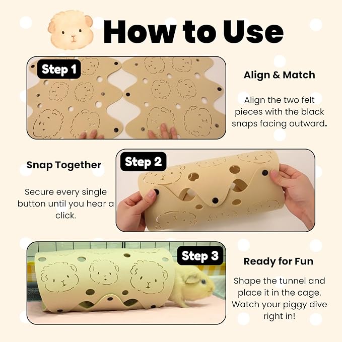 Guinea Pig Tunnel, Washable Felt Hideout for Small Cage, Durable & Breathable Small Pet Tube Toys for Zoomies, Popcorning & Resting - Cute Piggy Face Design-Beige