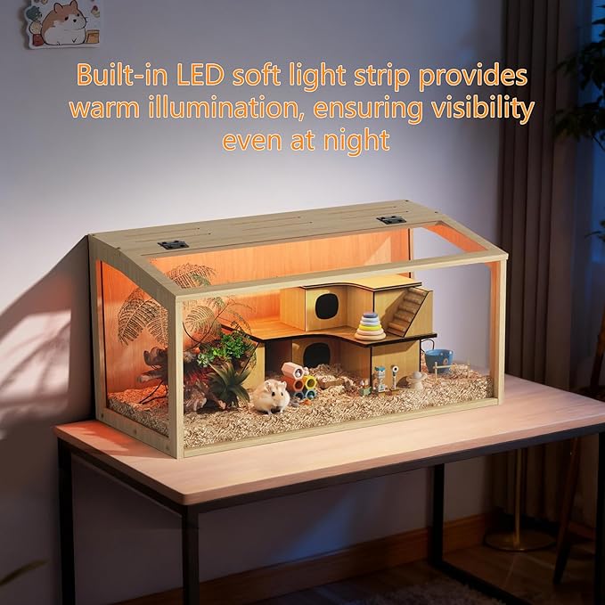 Hamster Cage: Wooden Small Animal Cage with Warm Light - 24inch Clear Chewy Proof Hamster House with Openable Breathable Top