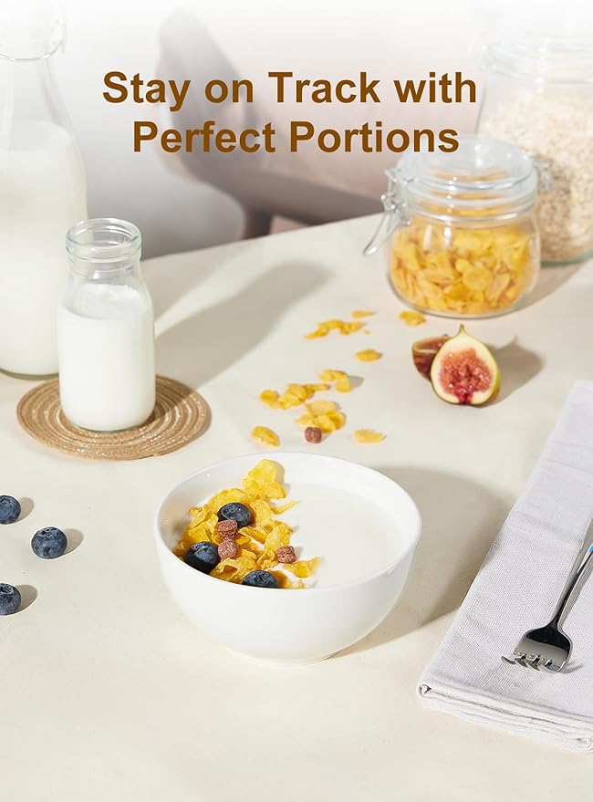 White Ceramic Cereal Bowls, 17 Ounce Porcelain Bowl for Kitchen Cereal Soup Rice Salad Pasta Dessert Snack Fruits Ice Cream, Set of 6, Microwave Dishwasher Freezer Oven Safe Easy Clean Stackable