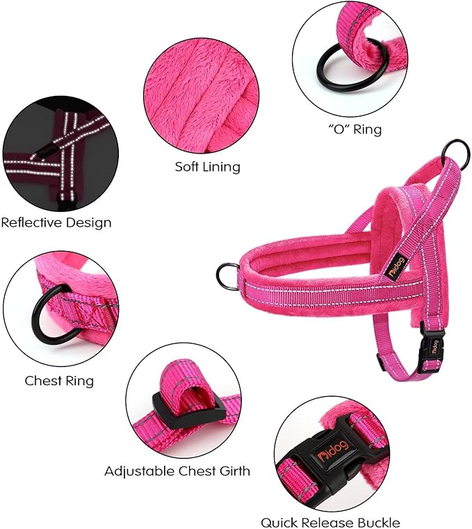 Didog Soft Flannel Padded Dog Vest Harness, No Pull/Quick Fit Reflective Dog Strap Harness, Easy for Training Walking (S:Chest 18-22", Hot Pink)