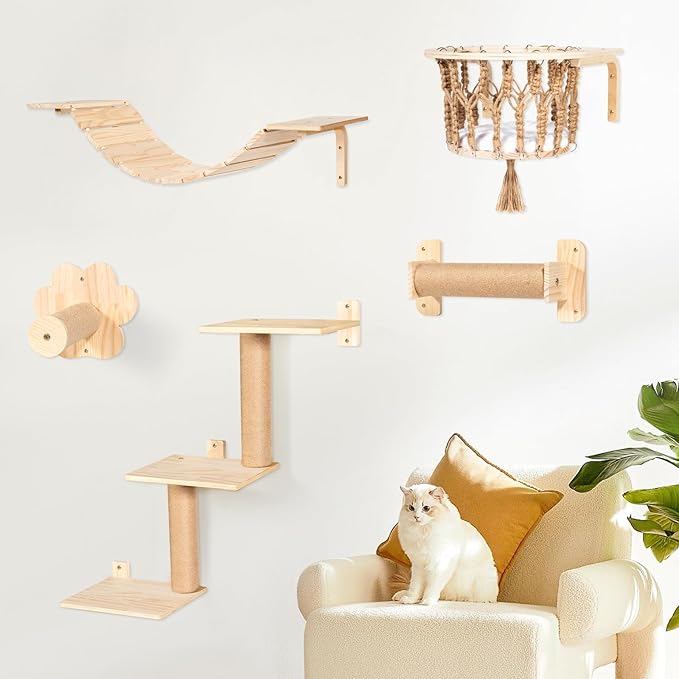 TAKEKIT Cat Wall Shelves and Perches, Wall Mounted Cat Furniture with Hammock, Bridge, Tree, Steps and Scratching Posts, Wooden Climbing System for Indoor Large Cats and Kittens