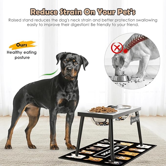 ADENGL Metal Raised Dog Bowl Stand for Large and Medium Dogs, Stronger Elevated Dog Bowls with Sprill Proof Mat, Pet Food & Water Bowls 10" Tall Dogs Feeder (58OZ-Stainless Steel Pet Bowl, Mat-16x24)